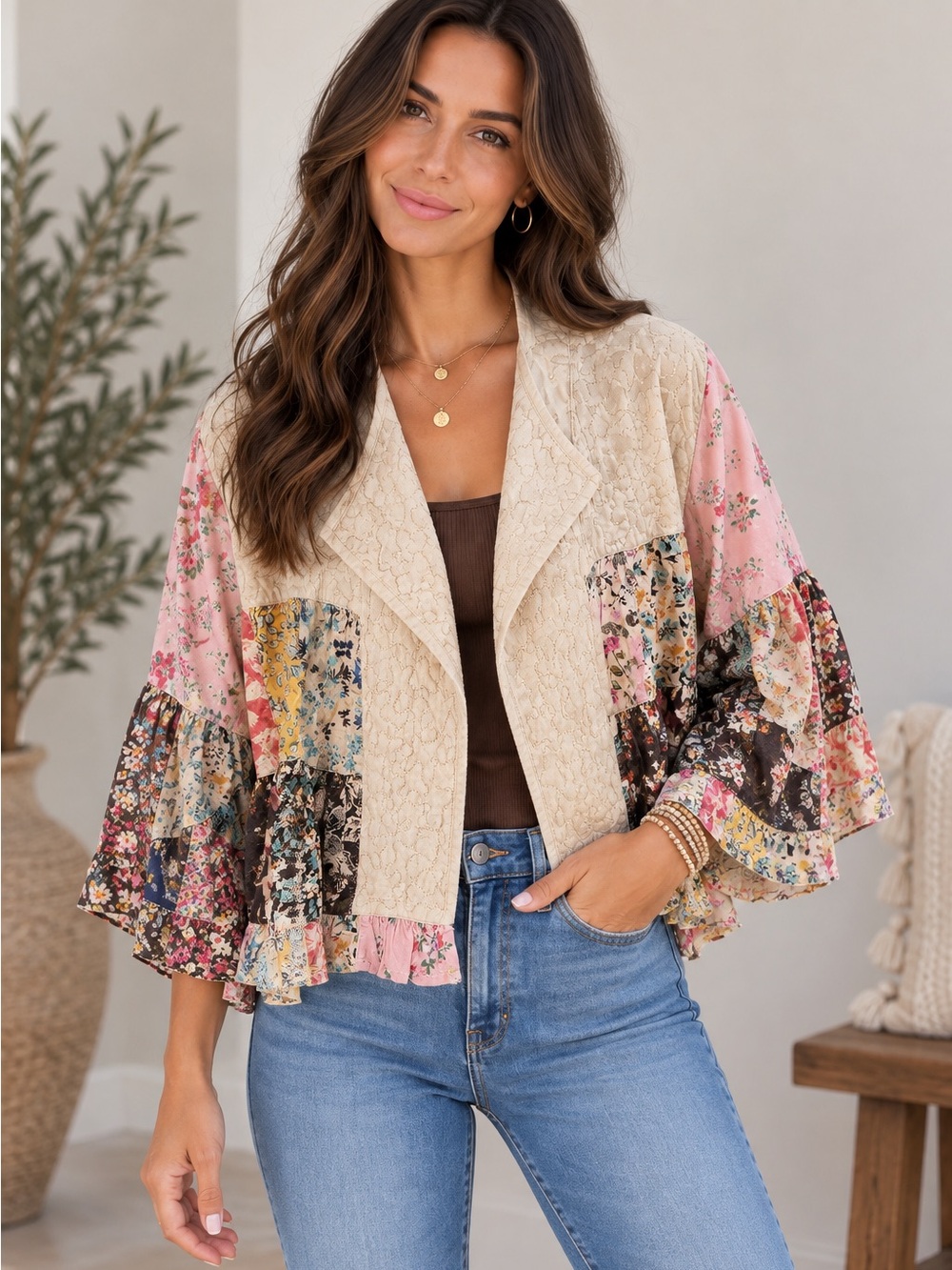 539. Women's Ivory Cropped Patchwork Boho Jacket